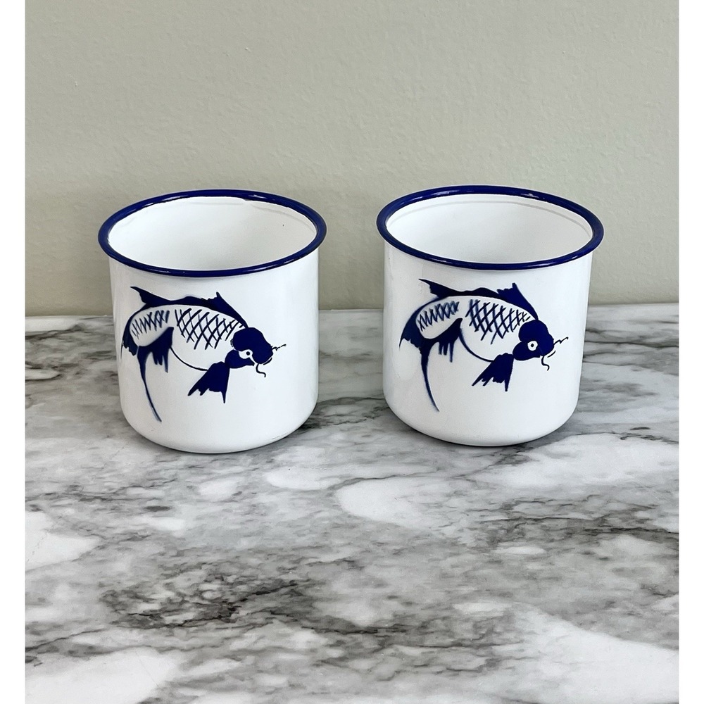 Vtg Butterfly Brand 2 Enamel Mugs White Blue Enamelware Koi Fish Fishing Camping